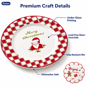 Assiette de Noël en céramique de 8 pouces, personnalisable OEM, motif Père Noël et Bonhomme en pain d'épices, vaisselle de fête en porcelaine, bord festonné à carreaux rouges, vente en gros - Product Image 2