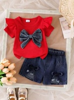Vêtements pour enfants - Ensemble bébé européen et américain avec nœud papillon, t-shirt à manches courtes + short, tenue simple en deux pièces