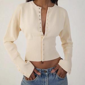 Suéter Corto de Punto para Mujer, Cuello Redondo, Cintura Alta, Cierre de Botón, Delgado y Moderno - Product Image 1