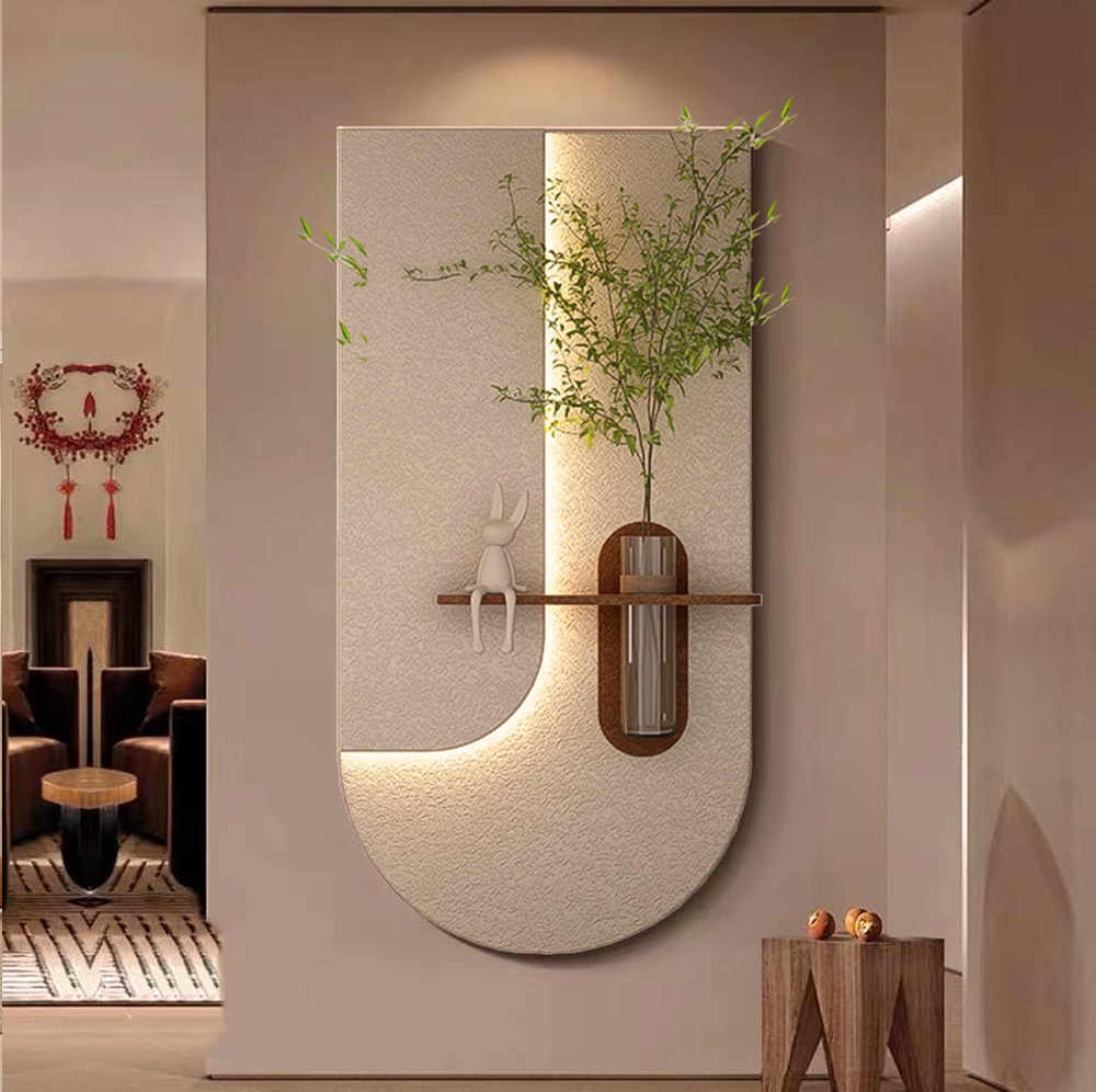 UNIART Luxury LED Wooden Luminous 3D Relief Sandstone Sculpture Green Plant Vase Wall Hanging for Home Decor Hotel Art Deco · image 1