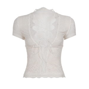 Haut court en dentelle blanche avec détail de laçage frontal, manches courtes, coupe ajustée, tenue de club sexy pour femme, printemps-été, col rond - Product Image 5