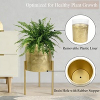 Ensemble de 2 pots de fleurs en métal de 9 et 10 pouces, décoratifs, en fonte, dorés, géométriques, avec support, pour fleurs artificielles, avec trou de drainage, pour la maison et le jardin