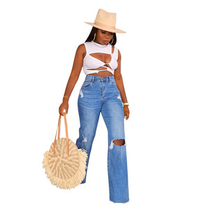 Los últimos pantalones vaqueros informales holgados de cintura alta para mujer, Pantalones vaqueros de pierna recta lavados de talla grande para niñas, <span class=keywords><strong>suavizante</strong></span> sólido rasgado de cintura media - Product Image 1