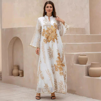 Abaya ample et respirante à col montant, broderie florale à sequins épais, manches à bordure dorée, en polyester, pour mariage musulman, style maxi kaftan