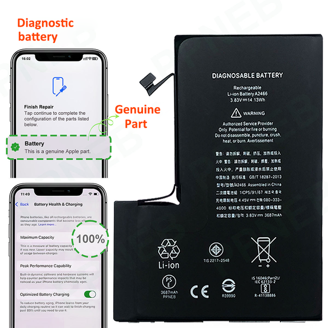 Diagnostic Battery for iPhone 13 Pro Max 13 Mini 13plus 14 Pro Genuine Part Mobile Phone Batterie Replacement No Warning Message