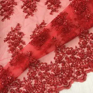 Tela de encaje rojo con cuentas pesadas de alta calidad, encaje bordado a mano pesado, tela para vestido de noche