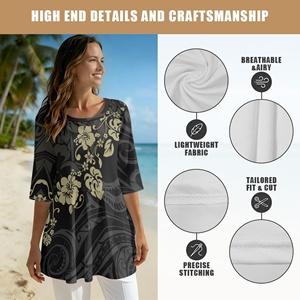 Blusas Elegantes de Manga Media para Mujer, Diseño de Flor de Hibisco Negro de Lujo, Estilo Tribal Polinesio, Casual y Elegante - Product Image 4