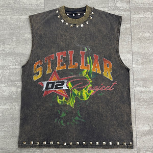 <span class=keywords><strong>T</strong></span>-shirt sans manches en coton 100% personnalisé Guangzhou Shangshang, impression DTG, graphisme jumbo, vintage, lavage à l'acide, rivets, débardeur - Product Image 3