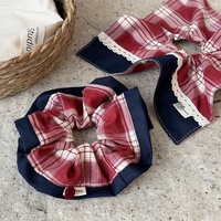 Accessoire Cheveux Femme Fille Style Preppy Japonais Coréen Vintage, Élastique à Cheveux en Dentelle à Motif Écossais Rouge et Blocs de Couleurs Bleu Marine