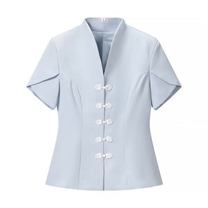Chemisier personnalisé pour femme à col mandarin et boutons grenouille, chemise à manches courtes cintrée avec détails rétro, haut vintage OEM/ODM - Product Image 2