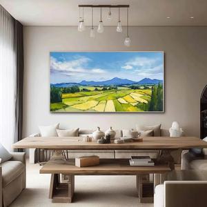 Pintura al Óleo Abstracta, Cielo Azul con Nubes Blancas, Montañas en el Lejano Horizonte, Campos en Cosecha, Paisaje Pastoral Texturizado - Product Image 6