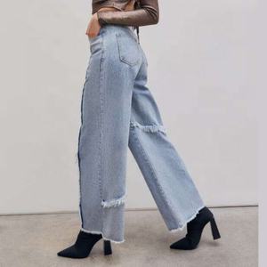 กางเกงยีนส์ขาตรงทรงตรงแบบใหม่ ขายดี รับผลิตตามแบบ OEM กางเกงขาตรงทรงหลวม กางเกงยีนส์ขาดๆ สไตล์ลำลองสำหรับผู้หญิง OOTD - Product Image 3