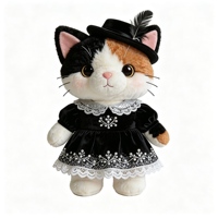 Boneka Kucing Lolita Calico, Mainan Kucing Boneka yang Menggemaskan dengan Hiasan Bulu, Topi, Gaun Renda Hitam Elegan, Boneka Kucing Lucu