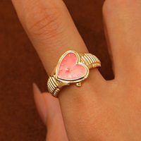 Mini bague de montre en alliage doré électroplaqué - Bague ajustable ouverte de luxe léger pour couple, forme cœur, cadeau de fiançailles, anniversaire, fête