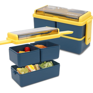 BPA Free Plastic 1400ml Dual Tier Airtight Heatable Dishwasher Safe <b>Microwave</b> Lunch Box Bento Box Kids 4 Compartments Fork Spoon - Product Image 1