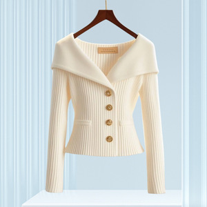 Suéter de punto de manga larga para mujer, de diseño avanzado, con solapa grande, de color liso, ajustado, de moda - Product Image 1