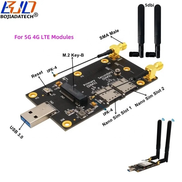 NGFF M.2 Key-B USB 3.0 Wireless Modem Adapter Card With 2 Nano SIM Slot Dual Antennas Support 5G 4G LTE GSM Module in Stock