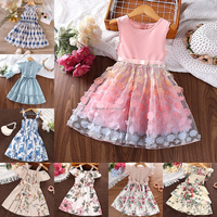 Robe de fête plissée pour filles, col rond, styles variés, motif floral uni, ceinture, en polyester, pour enfants de 2 à 12 ans, vente en gros