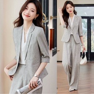 Women's Grey Three Quarter Sleeve Blazer Suit Set With Wide Leg Pants Summer Office Lady Breathable Polyester Fabric - Product Image 1