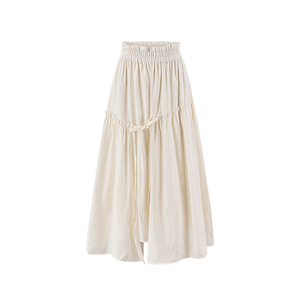 Women's Beige <b>Elastic</b> <b>Waist</b> A-Line Midi <b>Skirt</b> With Drawstring Detail Cotton Chiffon Prairie Chic Style All Seasons Wear - Product Image 1