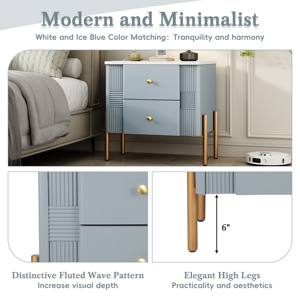 Modern Nightstand With 2 Drawers Fluted Design Golden Metal Handles And Legs <b>Bedside</b> <b>Table</b> For Bedroom And Living Room - Product Image 4