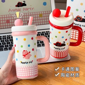 Apple Pig Ceramic Straw Mug With <b>Lid</b> And Handle Cartoon Pattern Office <b>Coffee</b> <b>Cup</b> For Women Large Capacity - Product Image 1