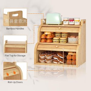 Caja de pan de bambú con tapa enrollable y compartimentos, organizador de cocina de madera para almacenar pan - Product Image 4