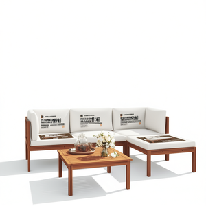 Ensemble de salon de jardin 5 pièces en bois d'acacia massif, blanc crème, meubles d'extérieur résistants aux intempéries, design contemporain - Product Image 1