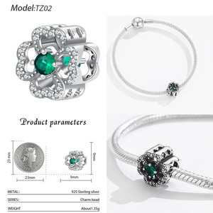 Abalorio de Plata S925 con Trébol de Cuatro Hojas de la Suerte, Flor Hueca con Circonita Verde CZ, Bañado en Rodio, para Pulsera DIY, Regalo para Mujer - Product Image 3
