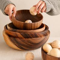 Bol rond à salade et à soupe en bois d'acacia de style classique japonais, assiette à fond plat
