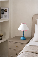 Lampe de chevet vintage à abat-jour rond en tissu, style danois moderne, avec perles pastel, LED blanc chaud, en métal, pour une lecture confortable