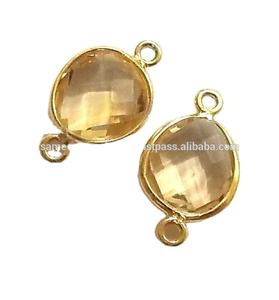 Fait à la main en argent Sterling 925 Double caution à facettes lunette connecteur Citrine Quartz pierres précieuses résultats de bijoux composants en or - Product Image 1