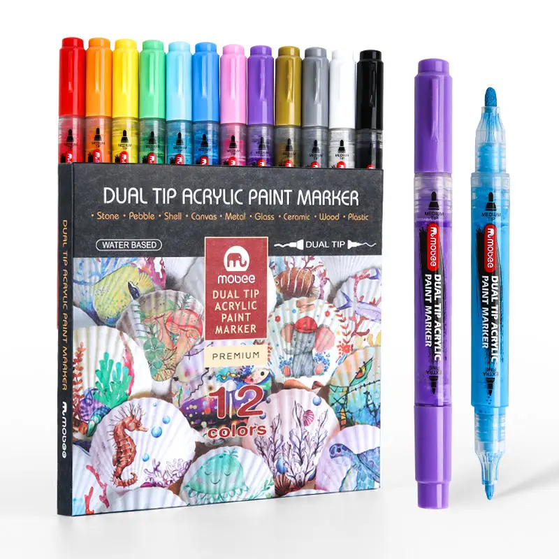 Benutzer definierte 12 teile/satz mehrfarbige wasser basierte Acrylfarbe Stift ungiftig Fabrik preis Doppelspitze Acrylfarbe Marker für die Malerei
