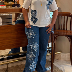 Jeans à jambes larges pour femmes grandes tailles <span class=keywords><strong>avec</strong></span> broderie florale exquise et perles, denim élégant, décontracté, à porter au quotidien, détails tendance - Product Image 3