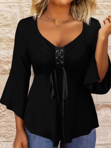 Chemise à manches <span class=keywords><strong>pagode</strong></span> à lacets et col en V noire pour femmes, sexy, taille froncée, décontractée, tendance, unie, respirante, pour le printemps et l'été - Product Image 1