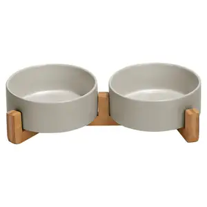 Mangkuk makanan hewan peliharaan kucing anjing porselen tinggi desainer kustom mangkuk anjing kucing peliharaan naik keramik dengan dudukan bingkai kayu