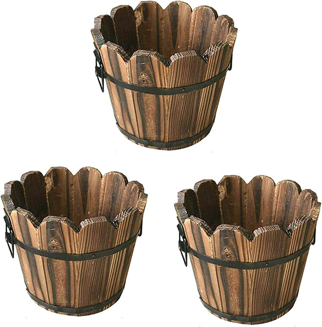 Rustic Wavy Wooden Bucket Barrel Planter Box for Indoor Plants & Succulents