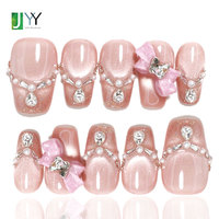 Faux ongles à presser Coquette 3D en gel avec pierres précieuses et nœud, faits main, effet œil de chat en velours rose, vente en gros, luxe nuptial