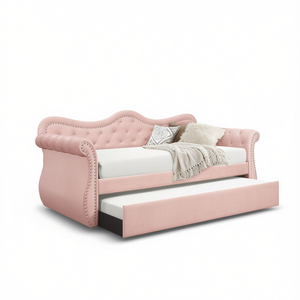 Divano letto Abby rosa in velluto imbottito, matrimoniale con letto estraibile, elegante mobile per camera da letto - Product Image 1