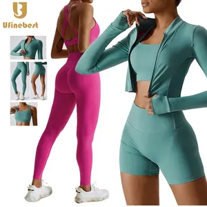Logotipo personalizado Fitness Bra Vestuário Butt Lift Leggings Ginásio ActiveWear 4 Peça Workout Full Zip Jacket Yoga Suit Set Para mulheres