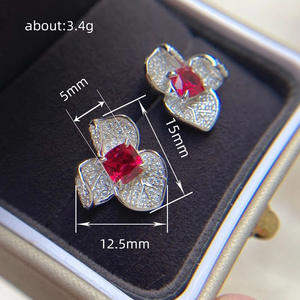 E3094 White Gold Flower <b>Stud</b> <b>Earrings</b> With Ruby Claw Setting Classic Women's <b>Fine</b> Jewelry - Product Image 6