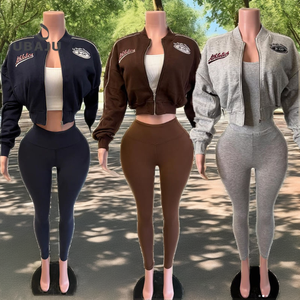 Conjunto de 2 Piezas de Moda para Mujer, Chaqueta Corta Ajustada con Cremallera y Bordado de Manga Larga y Pantalones, Chándal Informal - Product Image 2