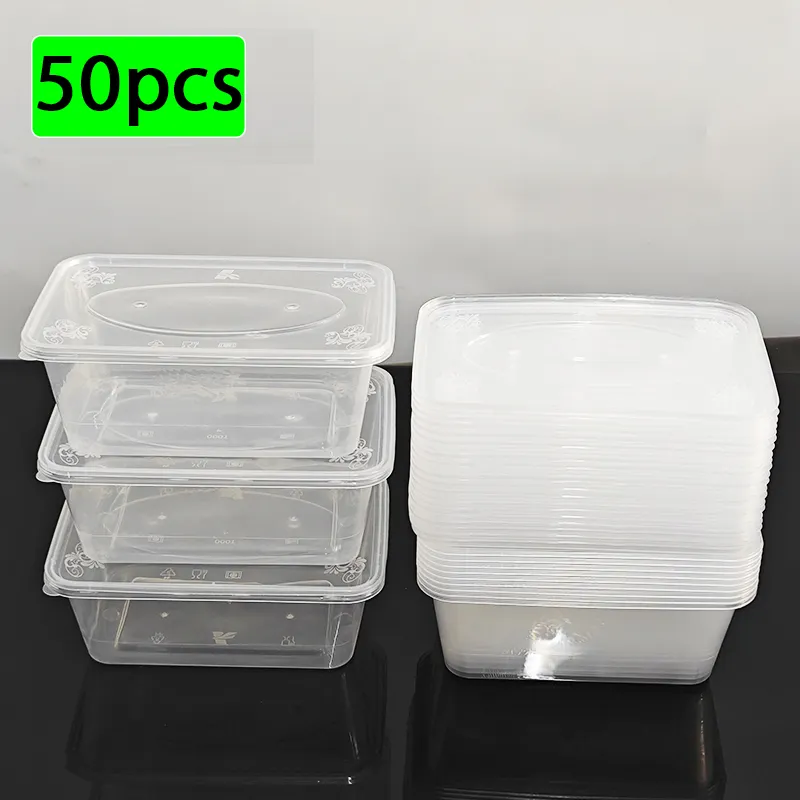 Paquet économique de 50 récipients alimentaires jetables en plastique 1000ml/34oz Boîte de conservation des aliments pour la préparation des salades et des repas dans la cuisine