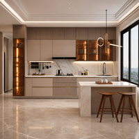 Armoires de cuisine modernes de luxe sur mesure, plan de travail en pierre, armoires de cuisine modulaires, éclairage LED, armoire de cuisine pour projet de villa