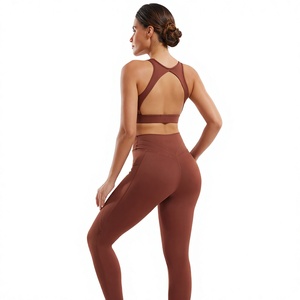 2 Piece Yoga Set High Waist <b>Leggings</b> Scoop Neck Racerback Sports Bra Seamless Solid <b>Brown</b> Full Length Workout Wear - Product Image 2