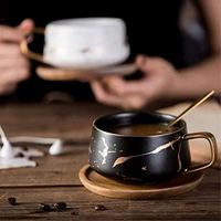Tasse à café de style japonais SWT avec soucoupe et plateau en bois, design marbré, céramique, 11 oz, tasses à café avec poignée dorée