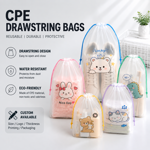 Clear Matte CPE Drawstring Bags, Water Resistant Reusable Plastic Drawstring Packaging Pouches Custom Logo Printed - Product Image 1