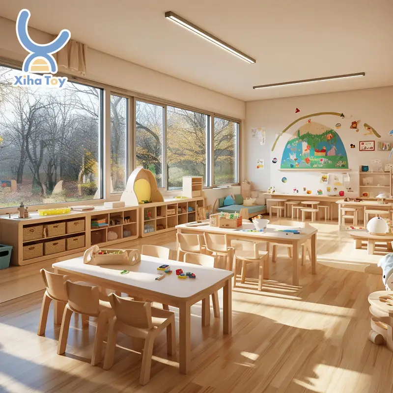 XIHA OEM Montessori Daycare Kindergarten Preschool Furniture Set Table Chair Set Wooden Childcare Nursery Classroom Design Set