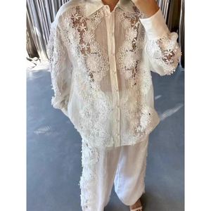 Heavy Work <b>Lace</b> Long Sleeve Shirt <b>Elastic</b> High Waist Pants Women's 2 Set Fashion - Product Image 3
