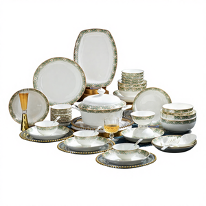 Luxury 50-Head Eco-Friendly Plant Coupe Green Gold Bone China <b>Dinnerware</b> Set for European Style Tableware Party Daily Use - Product Image 1